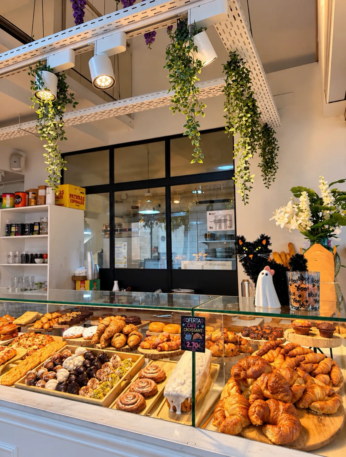 La vitrina de FORNO llena de bollería y tartas.